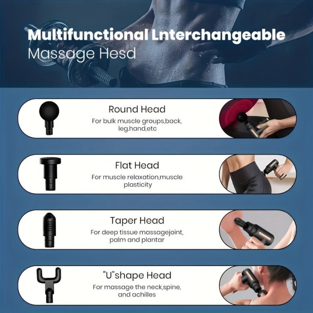 Mini Rechargeable Muscle Massager Gun – Deep Tissue Relief with Multiple Heads