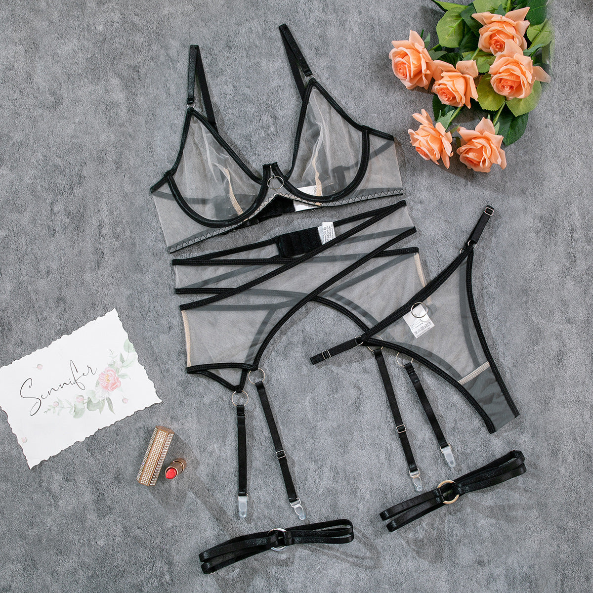 Nude Feel Mesh Lingerie Set – 4-Piece Women’s Collection